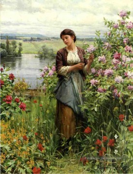  Chevalier Galerie - Julia parmi les roses de la paysanne Daniel Ridgway Knight Flowers